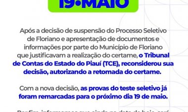 Prefeitura de Floriano anuncia retomada do Processo Seletivo e marca nova data das provas