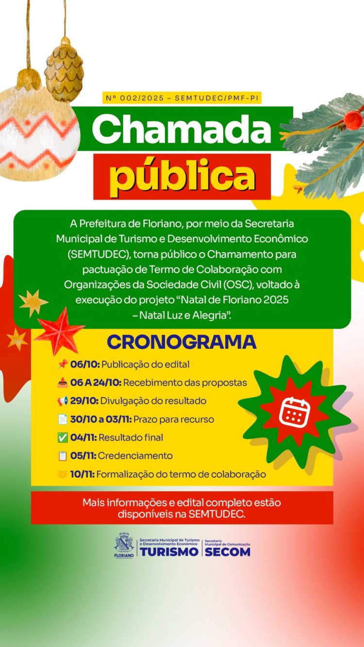 Prefeitura lança Chamada Pública para o projeto ‘Natal de Floriano 2025 – Natal Luz e Alegria’