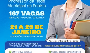 Prefeitura de Floriano lança seletivo para contratação temporária de professores para a rede municipal